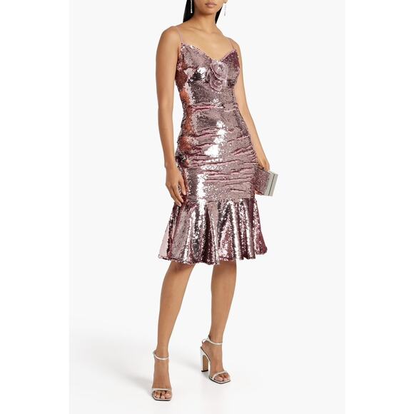 MARCHESA notte Dresses & Skirts - Marchesa Notte Sequin Majestic Magnolias Midi Dress With Flower Detail Blush 4